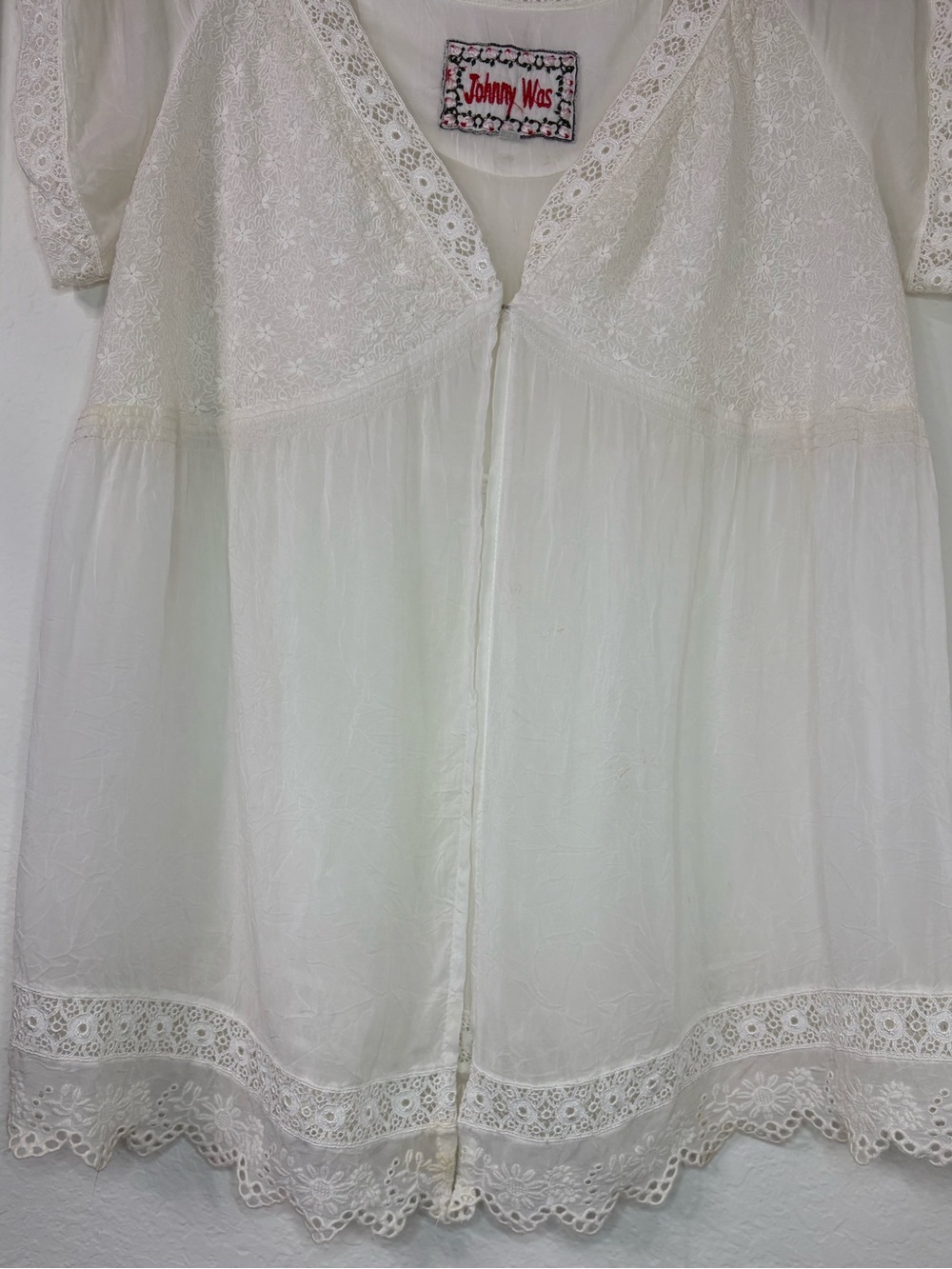 Johnny Was Ivory Embroidered Lace Boho Peasant Blouse Sheer Sleeve Medium - Picture 5 of 16